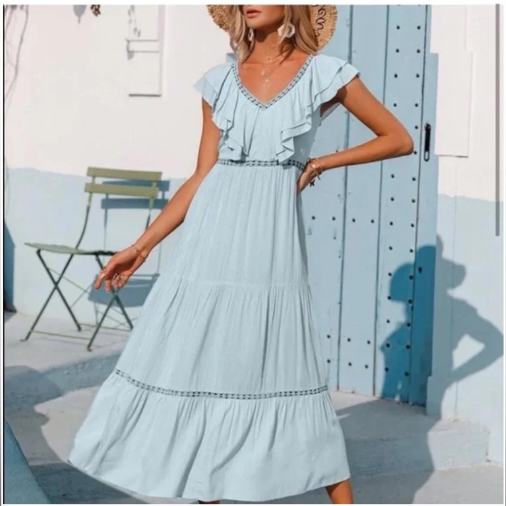Simplee Tiered Ruffle Lace Inset Flounce Hem Maxi Peasant Dress
